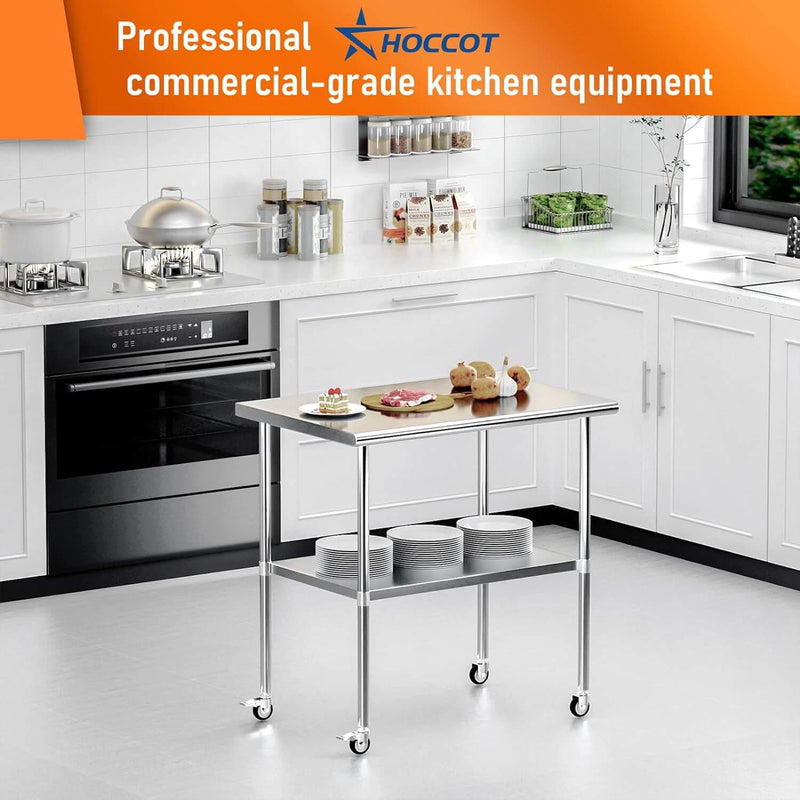 HOCCOT 24" X 36" Stainless Steel Prep & Work Table with Adjustable Shelf, with Wheels