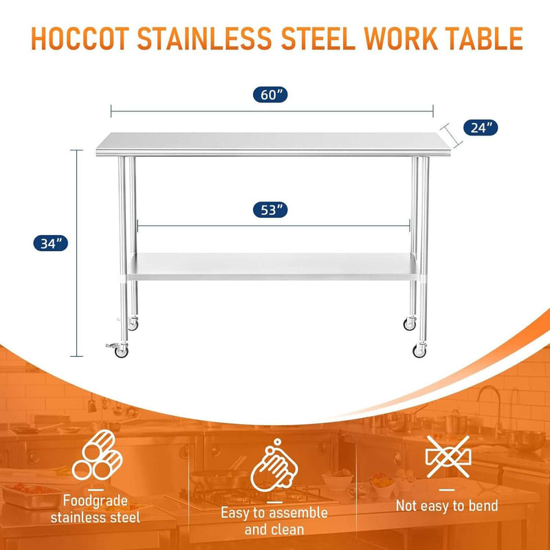 HOCCOT 24" X 60" Stainless Steel Prep & Work Table with Adjustable Shelf, with Wheels