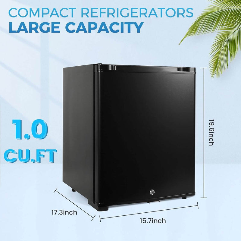 Mini Fridge for Bedroom, 1.07 cu.ft 110V Quiet Fridge with Lock, Small Silent Compact Refrigerator for Dorm RV Hotel Office, Noise Absorption, Black