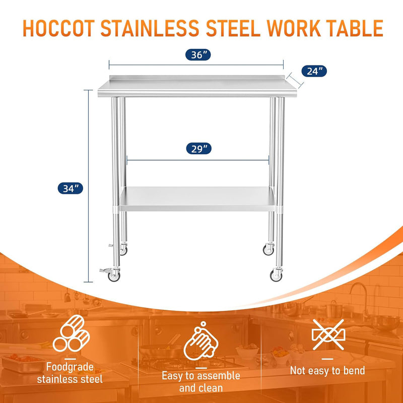 HOCCOT 24" X 36" Stainless Steel Prep & Work Table with Adjustable Shelf, with Backsplash and Wheels