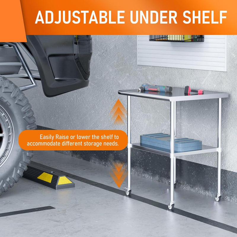 HOCCOT 24" X 30" Stainless Steel Prep & Work Table with Adjustable Shelf, with Wheels