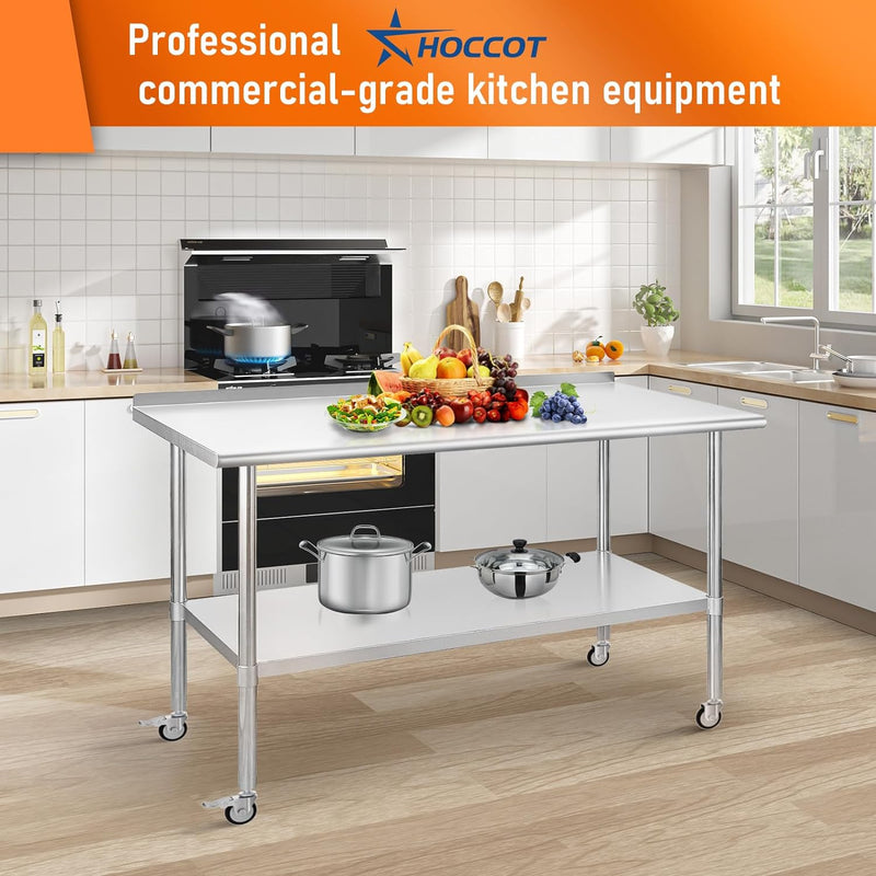 HOCCOT 24" X 60" Stainless Steel Prep & Work Table with Adjustable Shelf, with Backsplash and Wheels