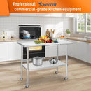 HOCCOT 24" X 48" Stainless Steel Prep & Work Table with Adjustable Shelf, with Backsplash and Wheels