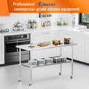 HOCCOT 24" X 60" Stainless Steel Prep & Work Table with Adjustable Shelf, with Wheels