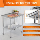 HOCCOT 24" X 36" Stainless Steel Prep & Work Table with Adjustable Shelf, with Wheels