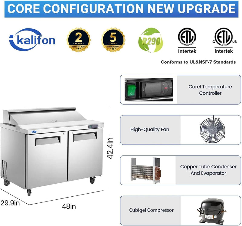 48" W Sandwich/Salad Prep Table With 2 Door Refrigerator Base | 12.9 Cu.Ft. & 18 Pans
