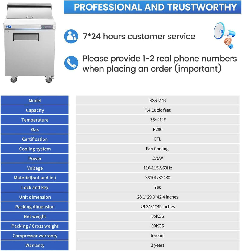 27" W Sandwich/Salad Prep Table With 1 Door Refrigerator Base | 7.4 Cu.Ft. & 12 Pans