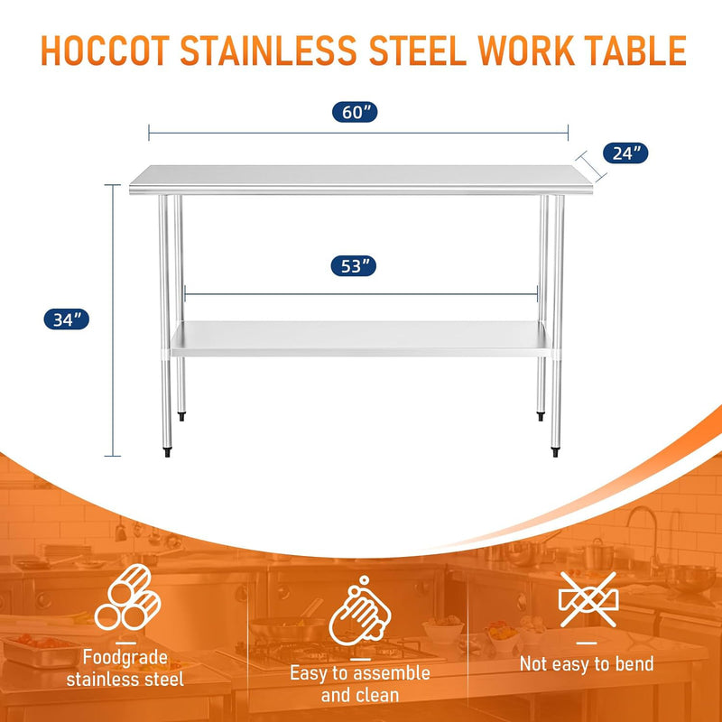 HOCCOT Stainless Steel Table for Prep & Work 24" X 60" inches with Adjustable Shelf