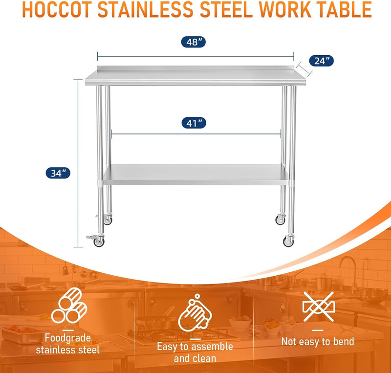 HOCCOT 24" X 48" Stainless Steel Prep & Work Table with Adjustable Shelf, with Backsplash and Wheels