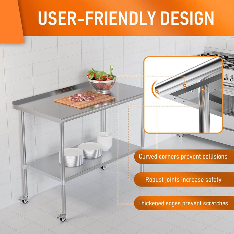 HOCCOT 24" X 48" Stainless Steel Prep & Work Table with Adjustable Shelf, with Wheels