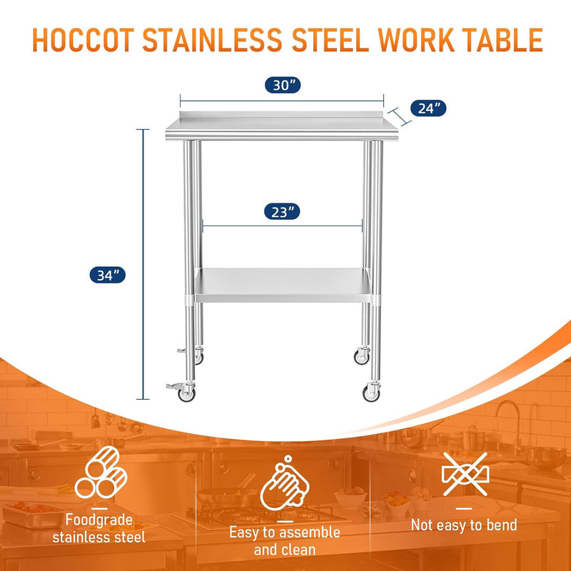 HOCCOT 24" X 30" Stainless Steel Prep & Work Table with Adjustable Shelf, with Backsplash and Wheels