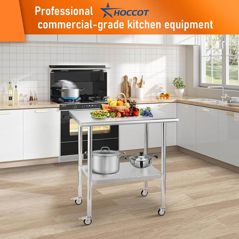 HOCCOT 24" X 36" Stainless Steel Prep & Work Table with Adjustable Shelf, with Wheels