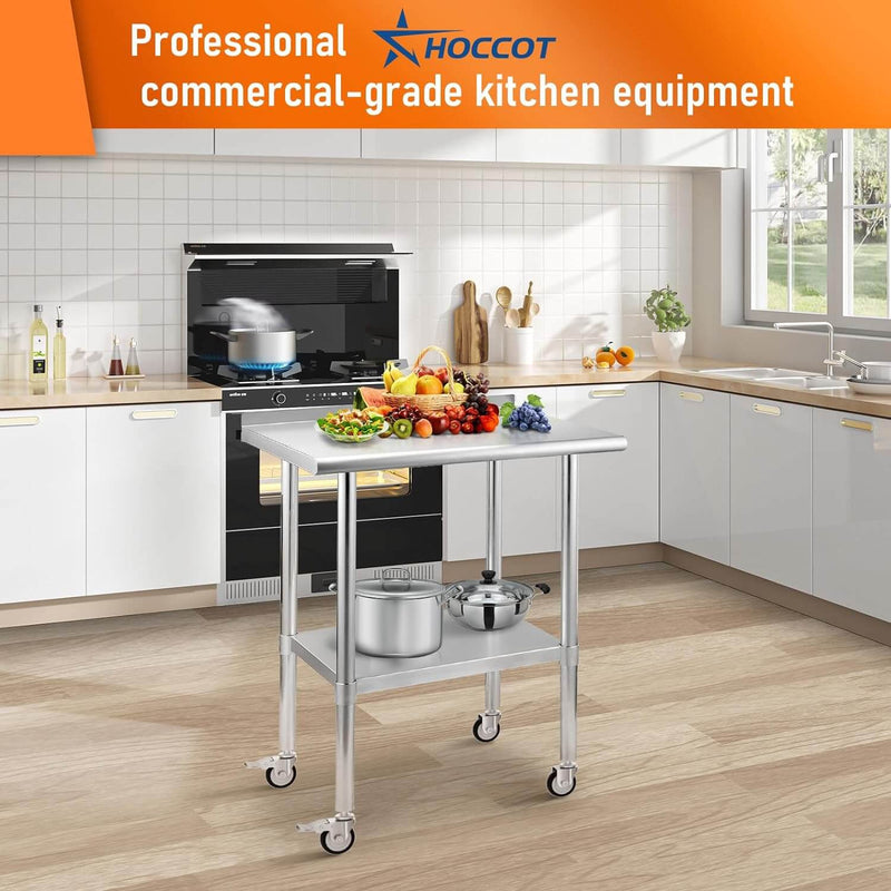 HOCCOT 24" X 30" Stainless Steel Prep & Work Table with Adjustable Shelf, with Backsplash and Wheels