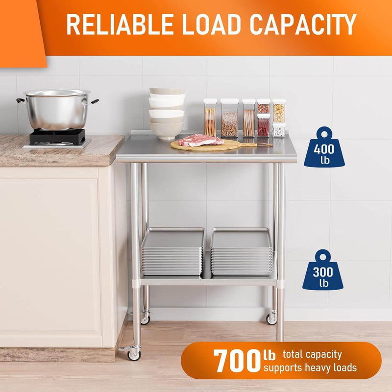 HOCCOT 24" X 30" Stainless Steel Prep & Work Table with Adjustable Shelf, with Backsplash and Wheels