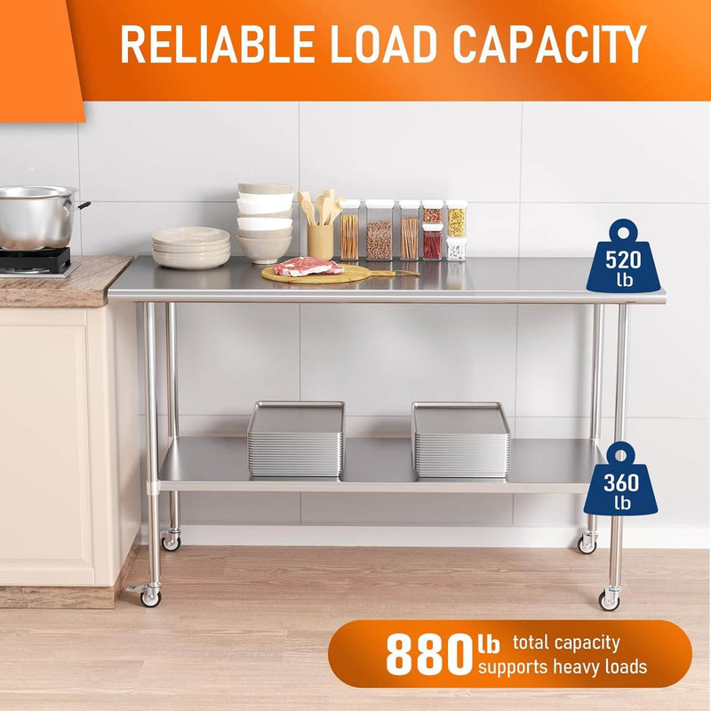 HOCCOT 24" X 60" Stainless Steel Prep & Work Table with Adjustable Shelf, with Wheels