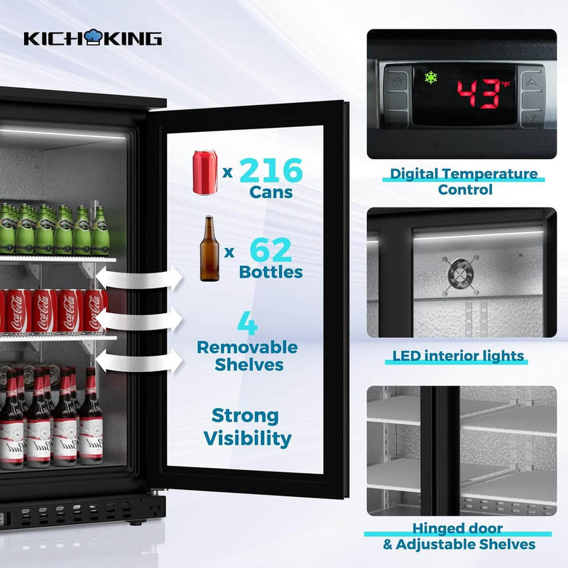 7.4 Cu.Ft Back Bar Cooler 35.4" W Glass Door Bar Fridge With LED Lighting