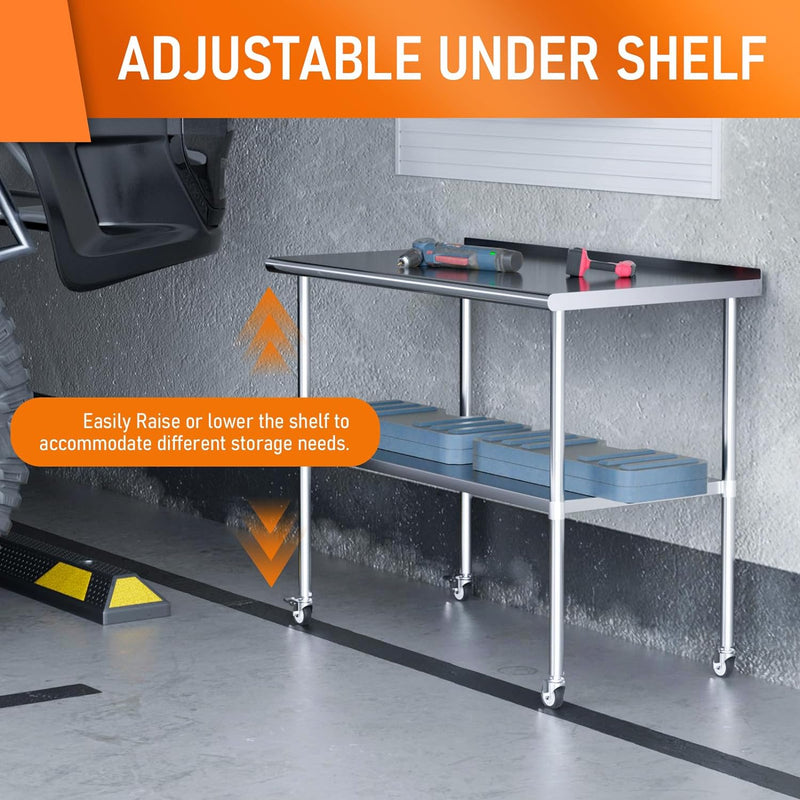 HOCCOT 24" X 48" Stainless Steel Prep & Work Table with Adjustable Shelf, with Backsplash and Wheels