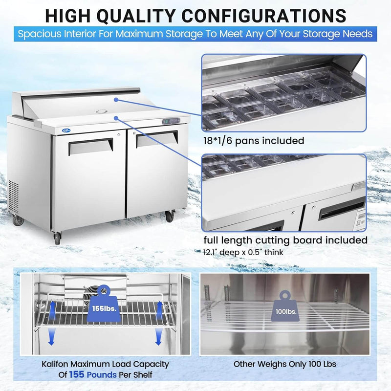 48" W Sandwich/Salad Prep Table With 2 Door Refrigerator Base | 12.9 Cu.Ft. & 18 Pans