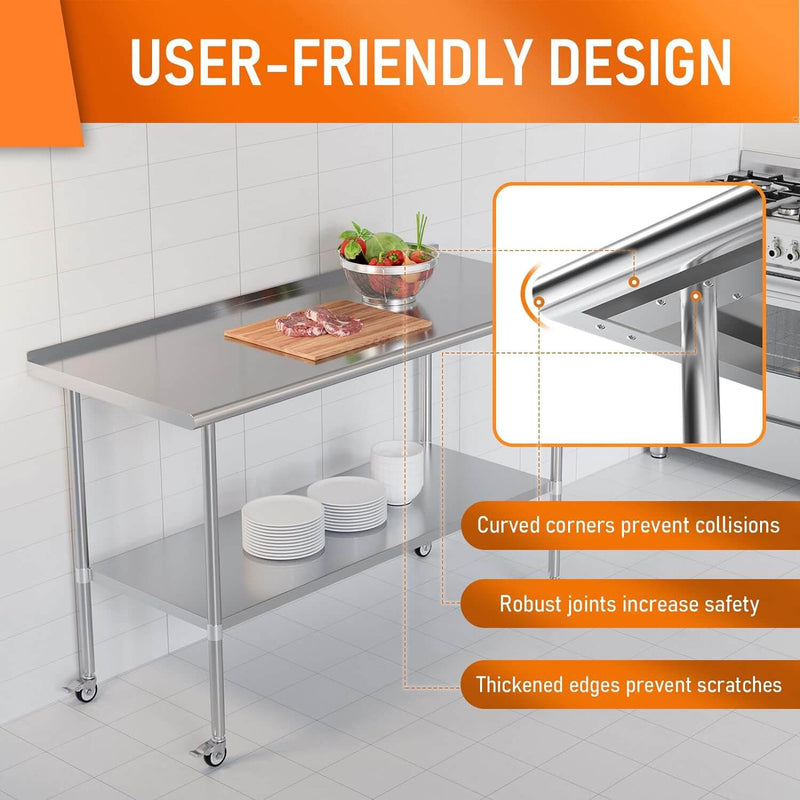 HOCCOT 24" X 60" Stainless Steel Prep & Work Table with Adjustable Shelf, with Wheels