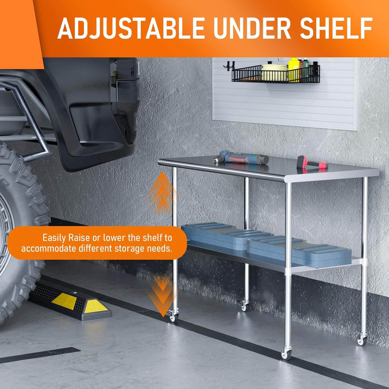 HOCCOT 24" X 48" Stainless Steel Prep & Work Table with Adjustable Shelf, with Wheels