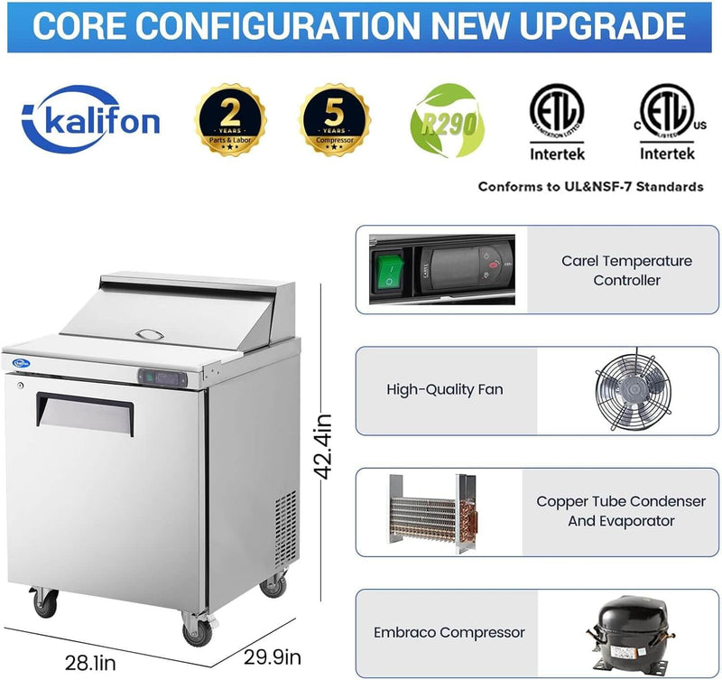 27" W Sandwich/Salad Prep Table With 1 Door Refrigerator Base | 7.4 Cu.Ft. & 12 Pans