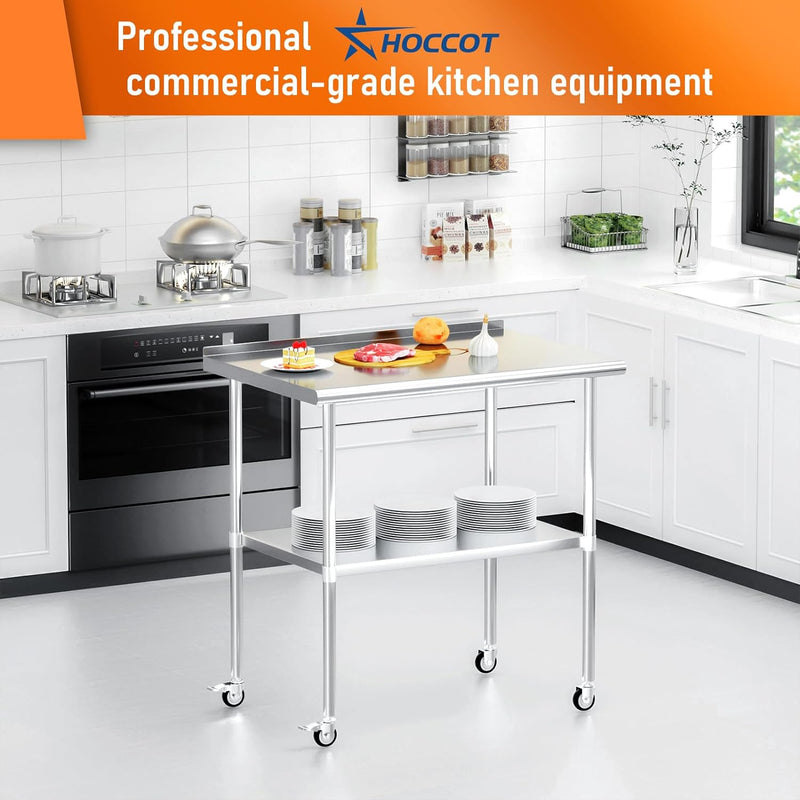 HOCCOT 24" X 30" Stainless Steel Prep & Work Table with Adjustable Shelf, with Backsplash and Wheels