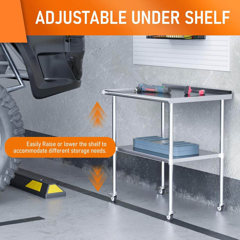 HOCCOT 24" X 30" Stainless Steel Prep & Work Table with Adjustable Shelf, with Backsplash and Wheels