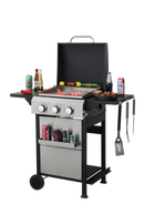 3-Burner Propane Gas BBQ Grill, SS Plancha, 36900BTU Output With Wire Enamel Cooking Grids For Outdoor Barbecue, Foldable Side Table, Hanging Basket, Stainless Steel