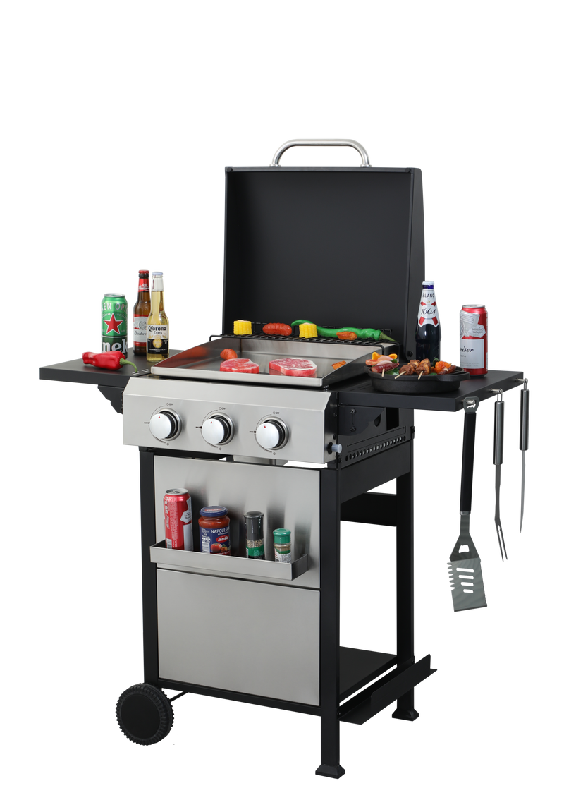 3-Burner Propane Gas BBQ Grill, SS Plancha, 36900BTU Output With Wire Enamel Cooking Grids For Outdoor Barbecue, Foldable Side Table, Hanging Basket, Stainless Steel