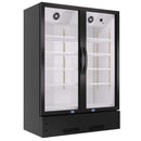 A black two-section glass door commercial merchandiser refrigerator