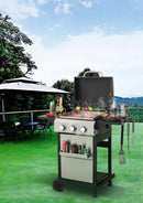 3-Burner Propane Gas BBQ Grill, SS Plancha, 36900BTU Output With Wire Enamel Cooking Grids For Outdoor Barbecue, Foldable Side Table, Hanging Basket, Stainless Steel