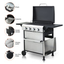 4-Burner Propane Gas BBQ Grill, SS Plancha, 49200BTU Output With Wire Enamel Cooking Grids For Outdoor Barbecue, Foldable Side Table, Hanging Basket, Stainless Steel
