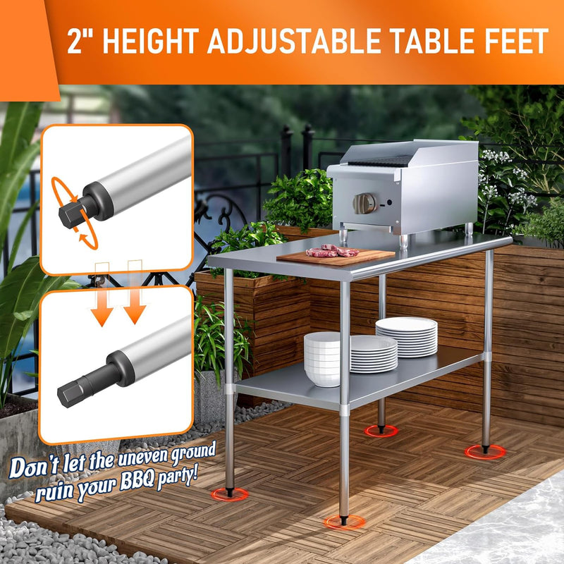 HOCCOT Stainless Steel Table for Prep & Work 24" X 48" inches with Adjustable Shelf