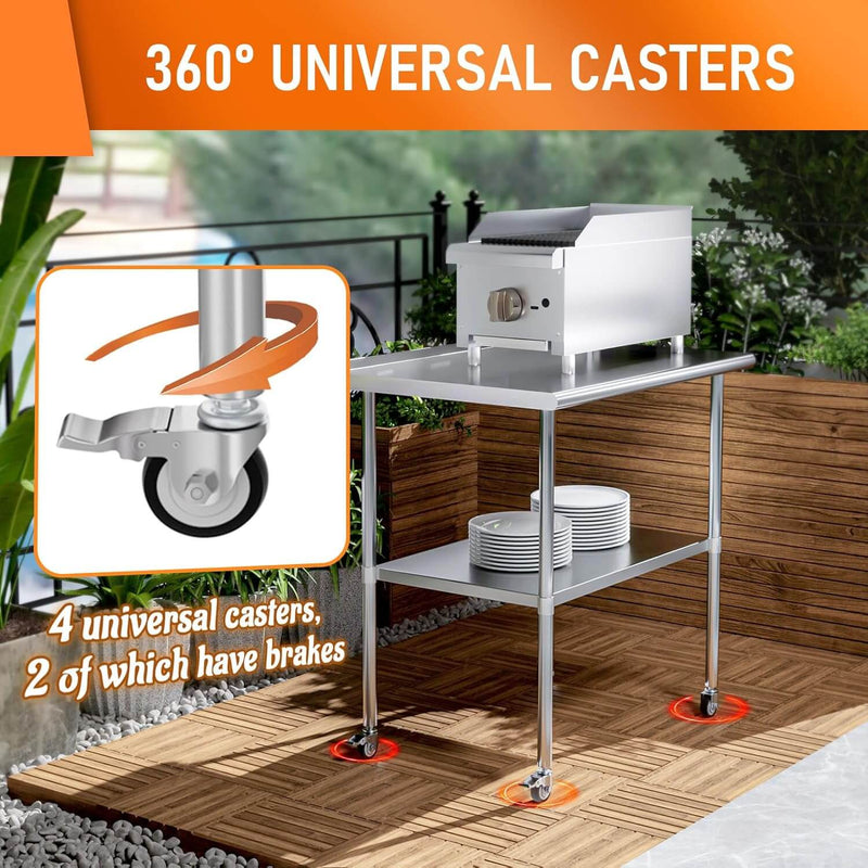 HOCCOT 24" X 36" Stainless Steel Prep & Work Table with Adjustable Shelf, with Backsplash and Wheels