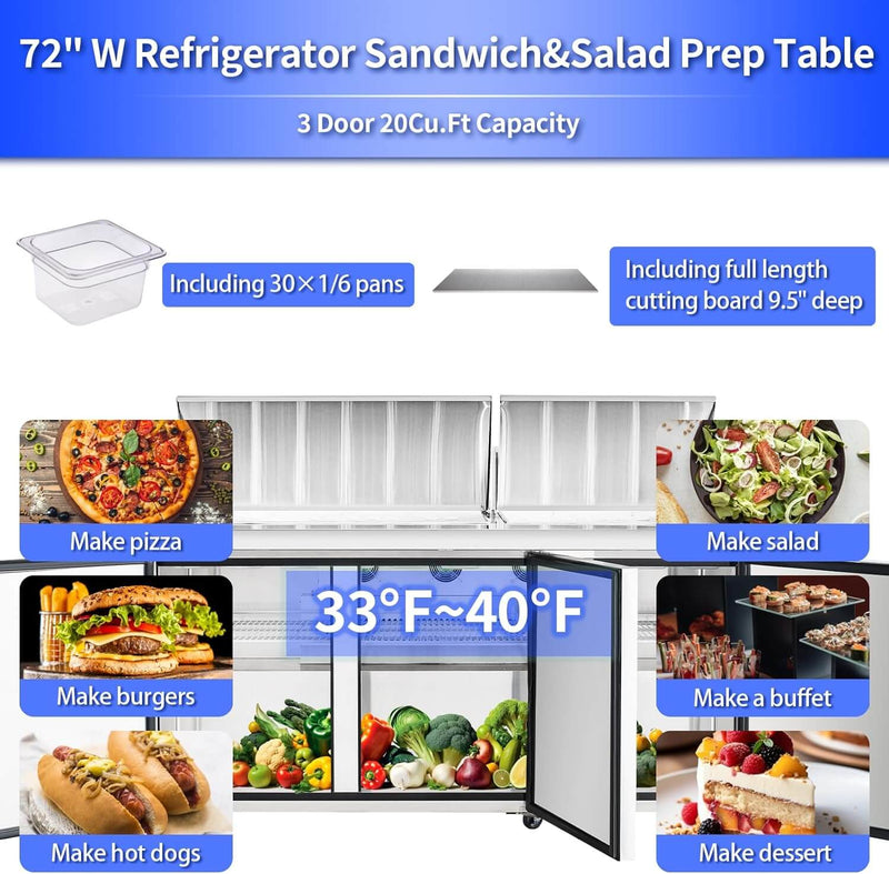 BLUELINETECH Commercial Refrigerator 72" W Sandwich & Salad Prep Table 22.3 cu.ft Stainless Steel undercounter refrigerators 3 Solid Door,30 Pans For Restaurant,Bar, Shop, etc