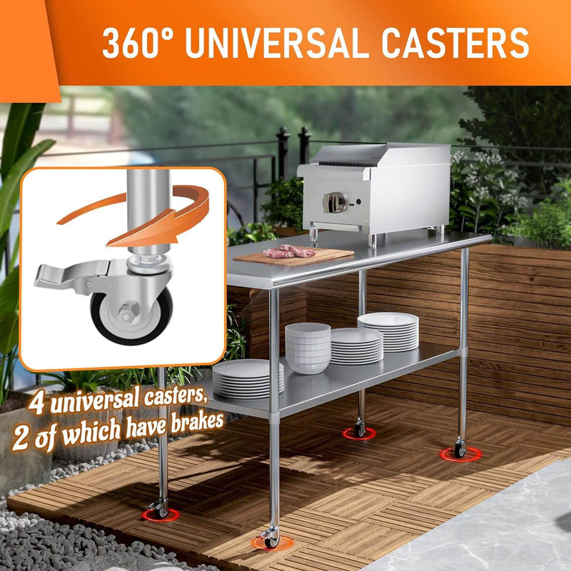 HOCCOT 24" X 60" Stainless Steel Prep & Work Table with Adjustable Shelf, with Wheels