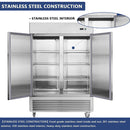 54"W Commercial Freezer 2 Section 2 Solid Door Stainless Steel Interior and Exterior Construction Reach-in Freezer 42.2 Cu.ft. Upright Fan Cooling Freezer for Restaurants and Commercial Environments