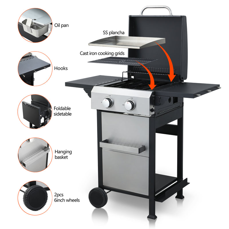 2-Burner Propane Gas BBQ Grill, SS Plancha, 24600BTU Output With Wire Enamel Cooking Grids For Outdoor Barbecue, Foldable Side Table, Hanging Basket, Stainless Steel