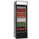 LED lightbox swing glass door merchandiser refrigerator with drinks and beverages on shelves 