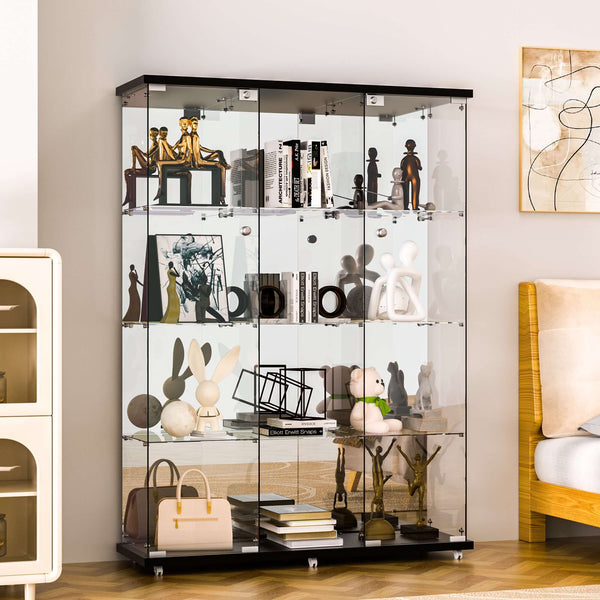 4 Shelf Glass Display Cabinet with Mirrored Back,3 Columns Tempered Glass Curio Cabinet