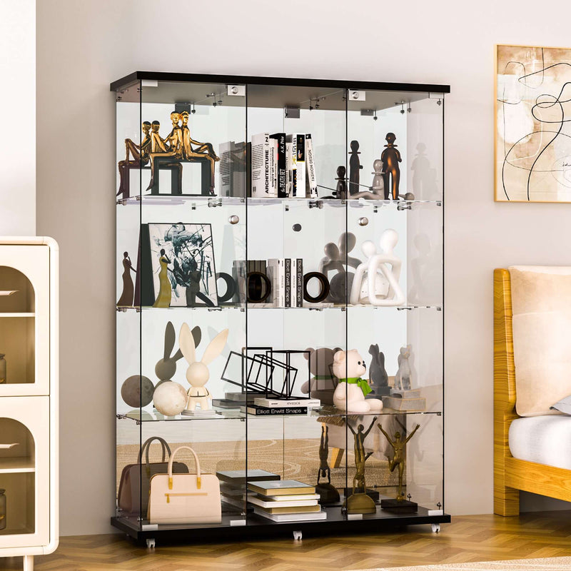4 Shelf Glass Display Cabinet with Mirrored Back,3 Columns Tempered Glass Curio Cabinet
