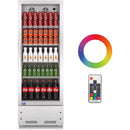 A swing glass door commercial merchandiser refrigerator with drinks and beverages on shelves