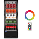 A swing glass door commercial merchandiser refrigerator with drinks and beverages on shelves
