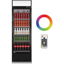 A swing glass door commercial merchandiser refrigerator with drinks and beverages on shelves