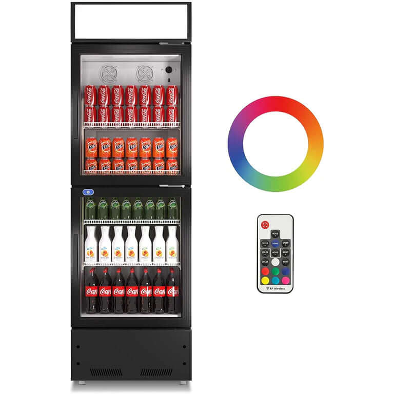 A swing glass door commercial merchandiser refrigerator with drinks and beverages on shelves