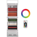 A swing glass door commercial merchandiser refrigerator with drinks and beverages on shelves