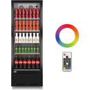 A swing glass door commercial merchandiser refrigerator with drinks and beverages on shelves