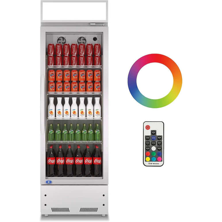 A swing glass door commercial merchandiser refrigerator with drinks and beverages on shelves