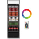 A swing glass door commercial merchandiser refrigerator with drinks and beverages on shelves