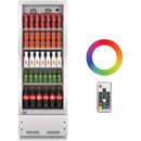 A swing glass door commercial merchandiser refrigerator with drinks and beverages on shelves